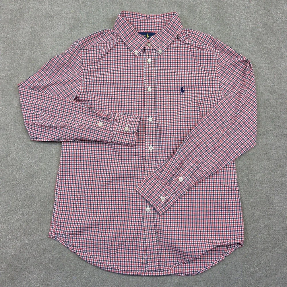 Ralph Lauren Boys L 14-16 Gingham Button Down Shirt Red Navy Blue Cotton Preppy